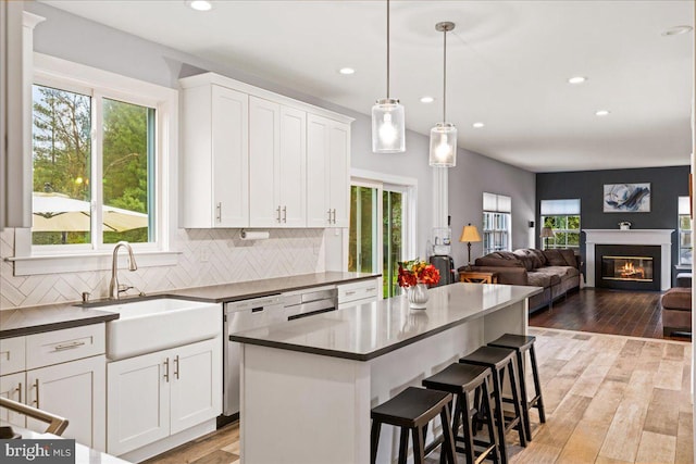 kitchen featuring white cabinetry, light hardwood / wood-style floors, a wealth of natural light, and stainless steel dishwasher