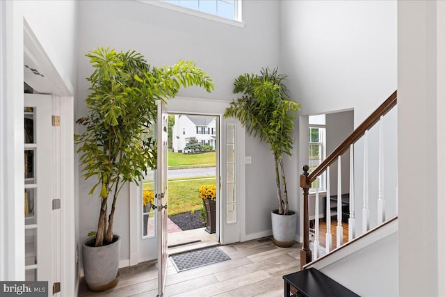 entrance foyer featuring a high ceiling and light wood-type flooring