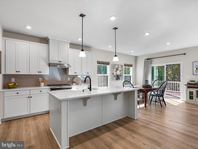 kitchen with light wood-type flooring, a healthy amount of sunlight, stainless steel range, and decorative light fixtures