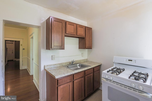 kitchen featuring dark hardwood / wood-style floors, sink, and white range with gas stovetop