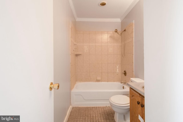 full bathroom featuring ornamental molding, vanity, tile patterned flooring, toilet, and tiled shower / bath