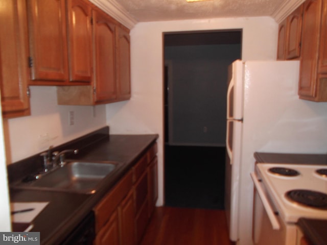 kitchen with sink, dark hardwood / wood-style floors, a textured ceiling, white electric range, and dishwasher