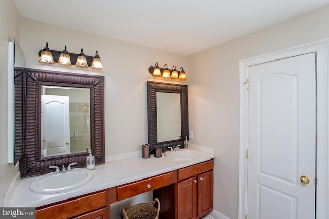 bathroom featuring walk in shower and vanity