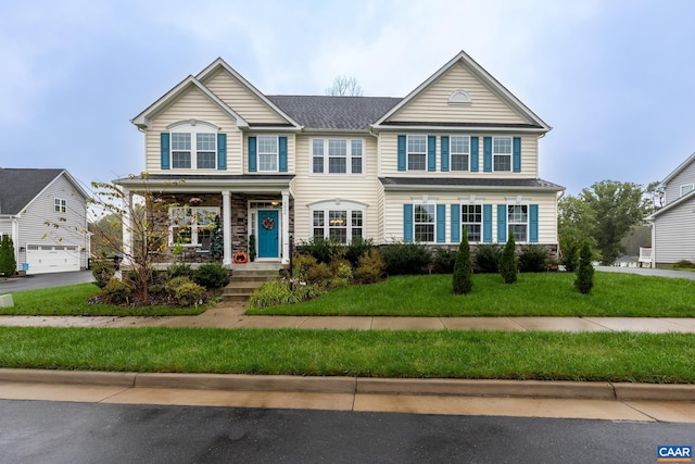 view of front of home featuring a porch, a garage, and a front yard