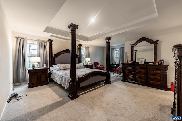 carpeted bedroom featuring a tray ceiling