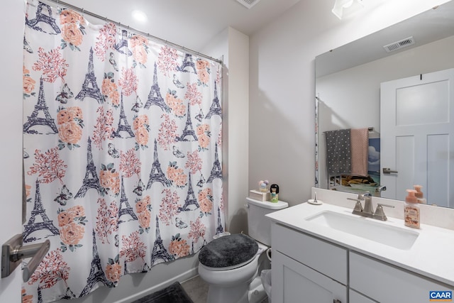 full bathroom with vanity, toilet, and shower / bathtub combination with curtain