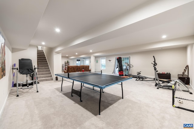 playroom with light colored carpet