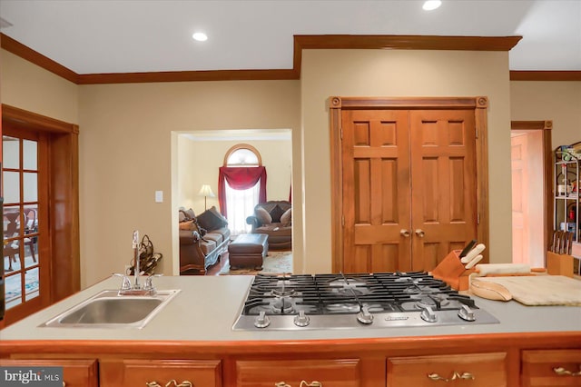 kitchen with stainless steel gas cooktop, crown molding, and sink