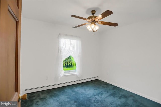 empty room with ceiling fan, a baseboard radiator, and dark colored carpet