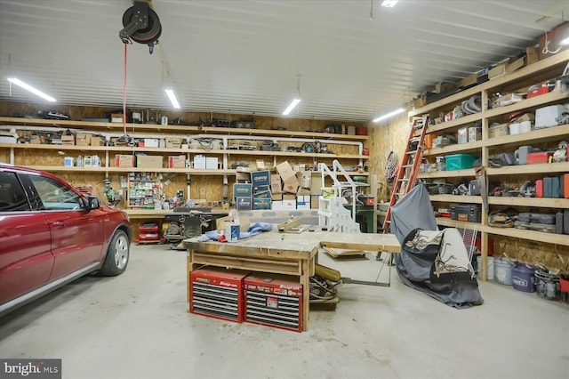 garage with a workshop area