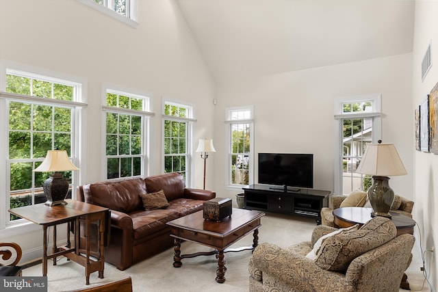 carpeted living room with high vaulted ceiling