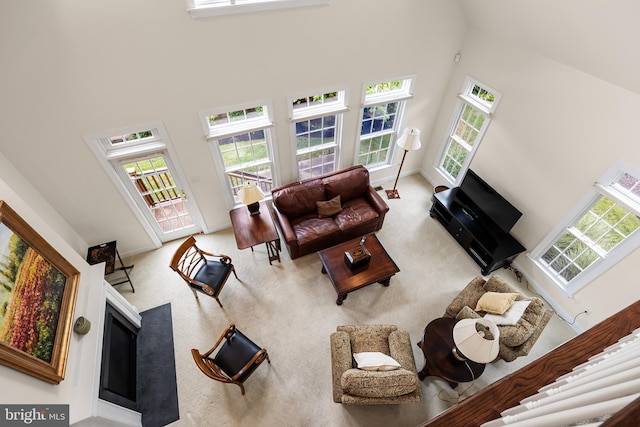 living room featuring a towering ceiling and carpet flooring