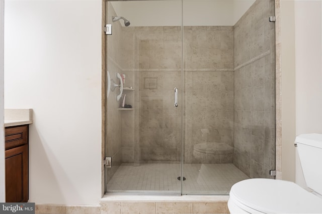 bathroom with an enclosed shower, vanity, and toilet