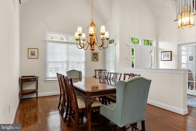 dining space with high vaulted ceiling, an inviting chandelier, and dark hardwood / wood-style floors