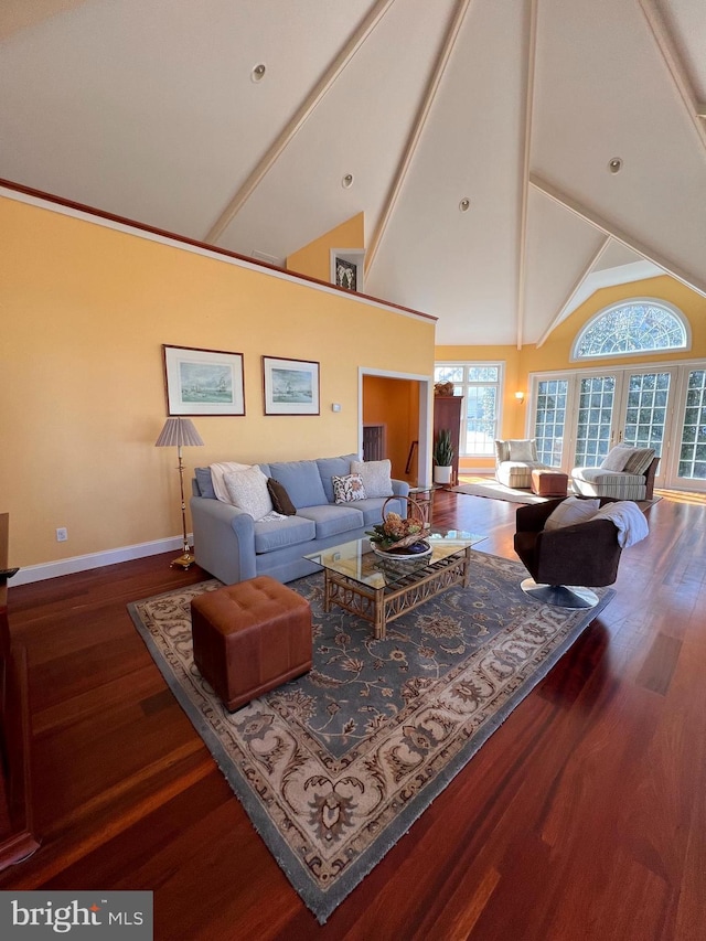 living room featuring wood-type flooring and high vaulted ceiling