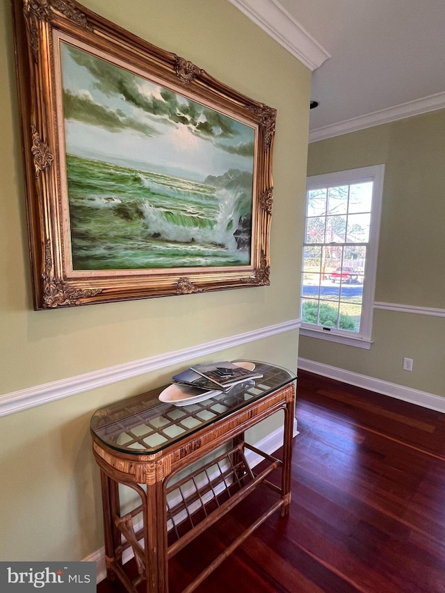 hall featuring dark hardwood / wood-style flooring and crown molding