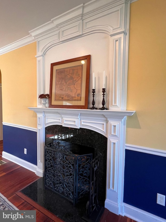 interior details with hardwood / wood-style floors, a high end fireplace, and ornamental molding