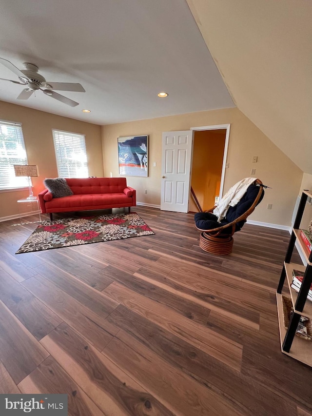 interior space featuring dark hardwood / wood-style flooring and ceiling fan