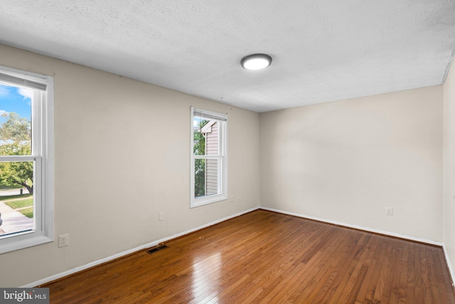 spare room with a healthy amount of sunlight, wood-type flooring, and a textured ceiling