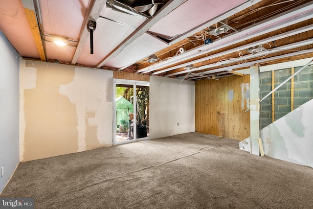 basement with carpet floors and wood walls