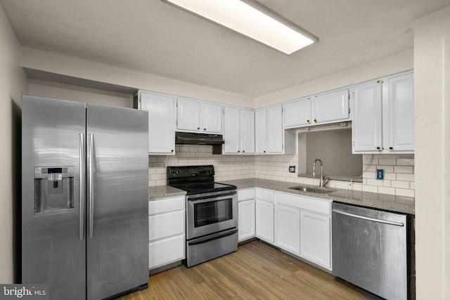 kitchen featuring appliances with stainless steel finishes, white cabinetry, sink, and dark hardwood / wood-style floors