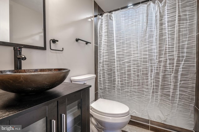 bathroom featuring vanity, toilet, and a shower with shower curtain