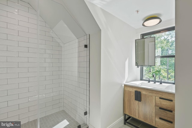 6019 Utah Ave NW, Washington, DC 20015 - bathroom featuring a shower stall, plenty of natural light, vanity, and vaulted ceiling