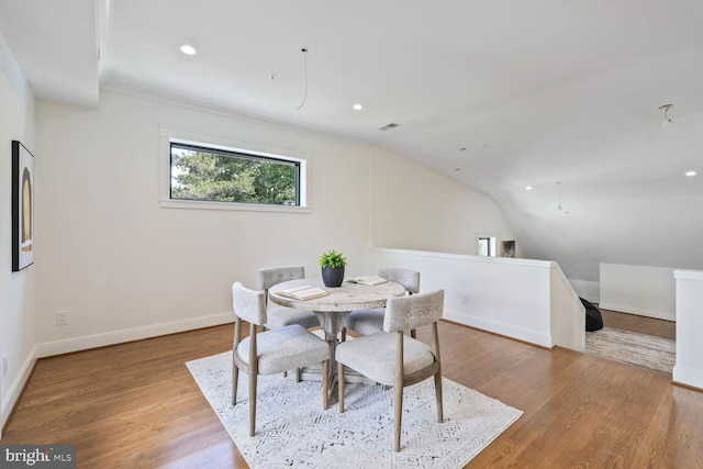 6019 Utah Ave NW, Washington, DC 20015 - dining area with wood finished floors, baseboards, recessed lighting, and lofted ceiling