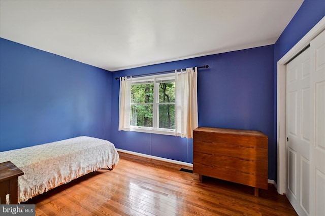 bedroom with wood-type flooring and a closet