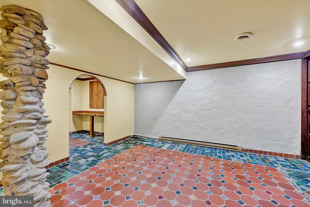 interior space with a baseboard radiator and crown molding