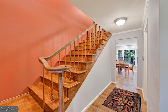 stairs featuring wood-type flooring and crown molding