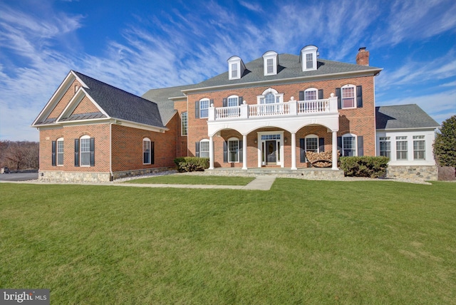 colonial house with covered porch, a balcony, and a front lawn