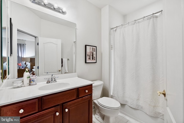 full bathroom with vanity, toilet, and shower / bathtub combination with curtain