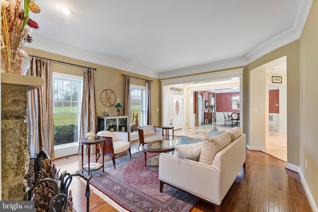 living room with hardwood / wood-style floors and ornamental molding