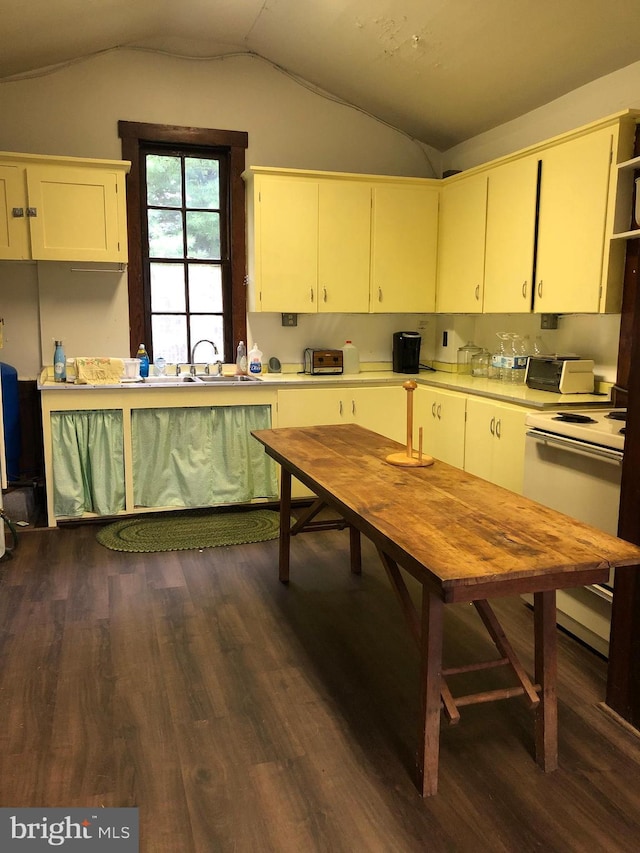 174 Jamison City Rd, Benton, PA 17814 - kitchen featuring stove, dark hardwood / wood-style floors, white cabinetry, and lofted ceiling