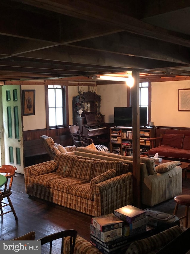174 Jamison City Rd, Benton, PA 17814 - basement with a wealth of natural light, wood walls, and dark hardwood / wood-style flooring