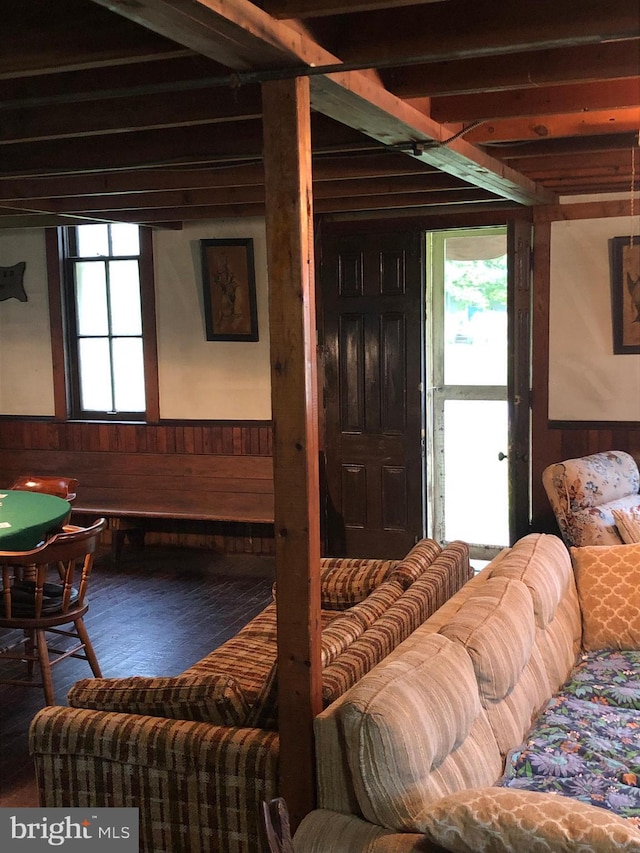 174 Jamison City Rd, Benton, PA 17814 - living room with beamed ceiling and wood walls