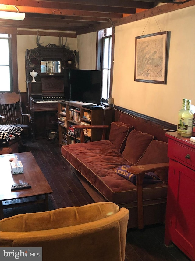 174 Jamison City Rd, Benton, PA 17814 - living room featuring beam ceiling and dark hardwood / wood-style floors