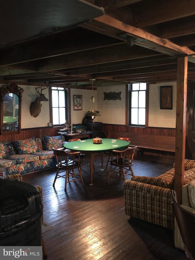 174 Jamison City Rd, Benton, PA 17814 - rec room with a healthy amount of sunlight, wood-type flooring, beam ceiling, and wooden walls