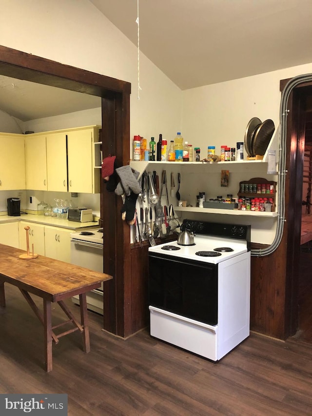 174 Jamison City Rd, Benton, PA 17814 - kitchen with dark hardwood / wood-style floors, stove, lofted ceiling, and white electric stove