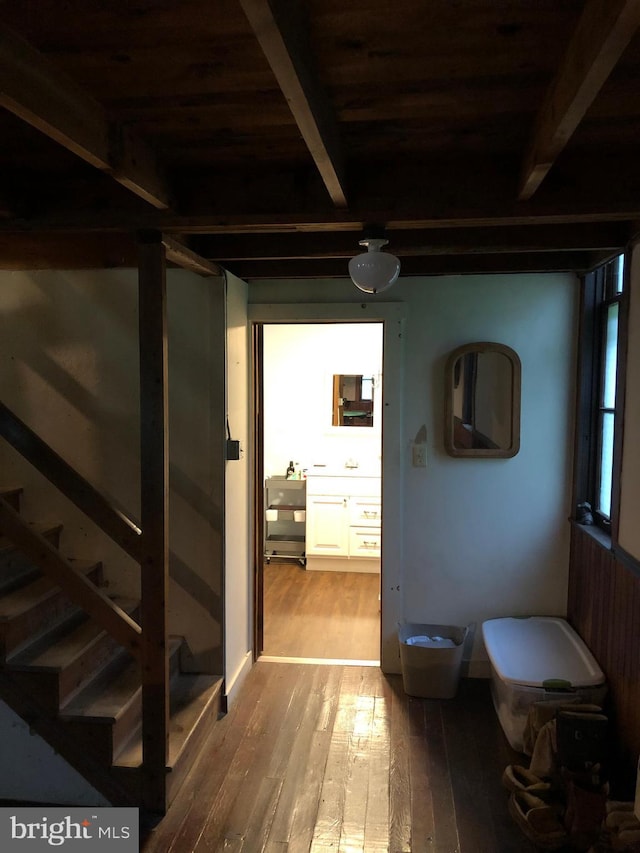 174 Jamison City Rd, Benton, PA 17814 - hallway featuring hardwood / wood-style floors and beamed ceiling