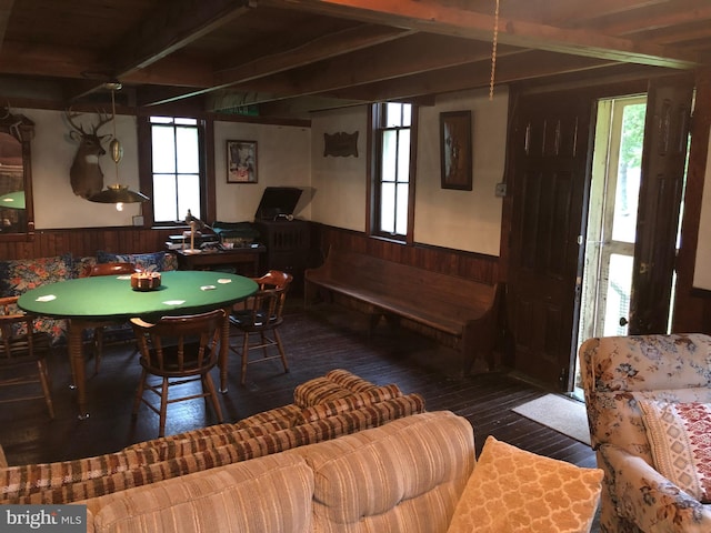 174 Jamison City Rd, Benton, PA 17814 - rec room featuring beam ceiling, dark hardwood / wood-style floors, and wooden walls