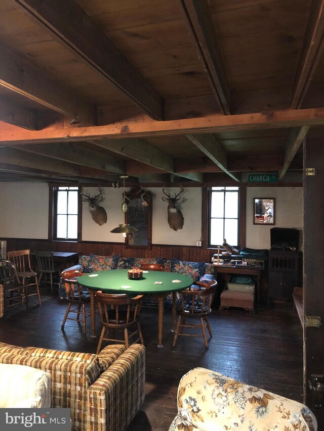 174 Jamison City Rd, Benton, PA 17814 - game room featuring beamed ceiling, dark hardwood / wood-style flooring, plenty of natural light, and wooden walls