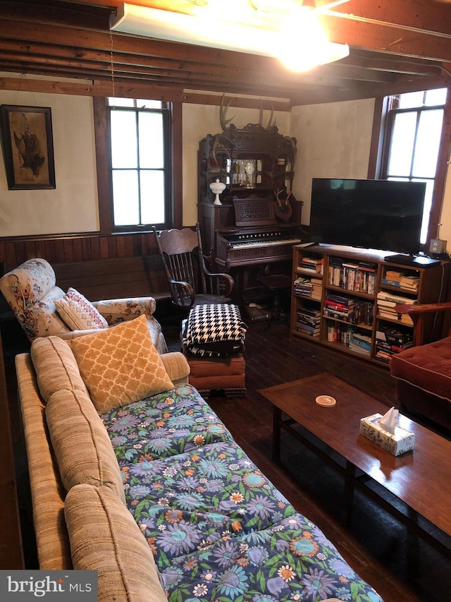 174 Jamison City Rd, Benton, PA 17814 - living room featuring wood walls and dark hardwood / wood-style flooring