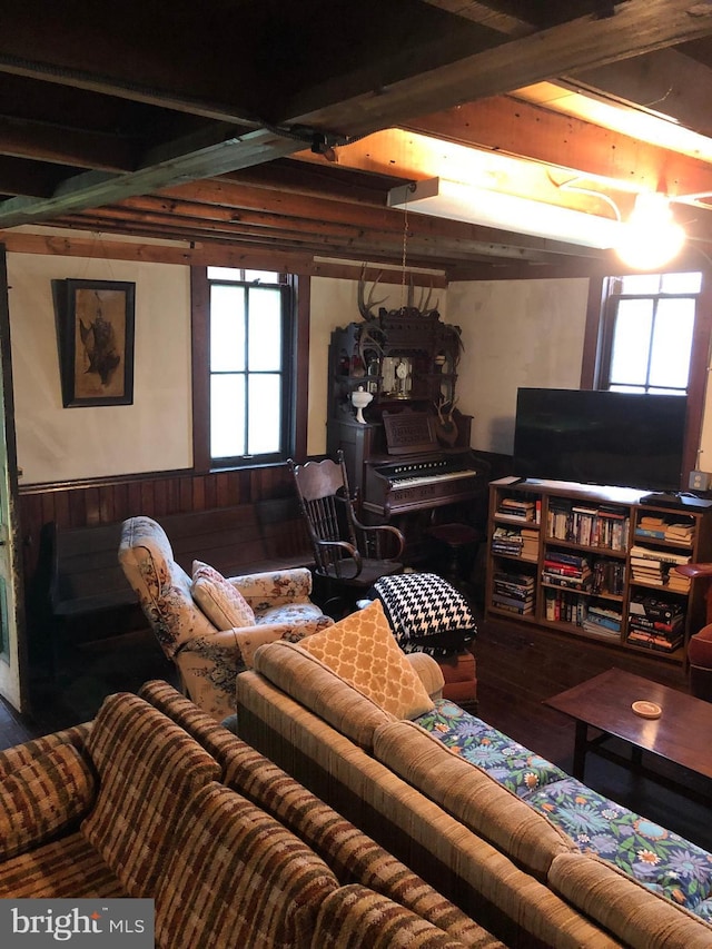 174 Jamison City Rd, Benton, PA 17814 - living room featuring beam ceiling and wood walls