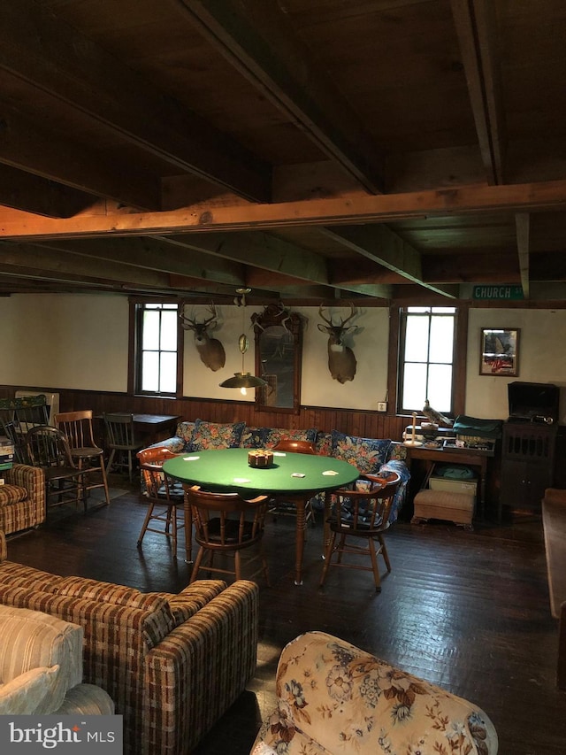 174 Jamison City Rd, Benton, PA 17814 - rec room featuring beam ceiling, wood walls, and hardwood / wood-style floors