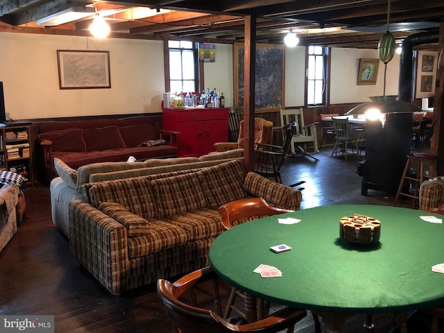 174 Jamison City Rd, Benton, PA 17814 - game room with dark hardwood / wood-style floors and wood walls