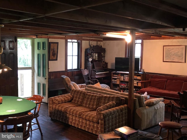174 Jamison City Rd, Benton, PA 17814 - living room with dark hardwood / wood-style floors and wood walls