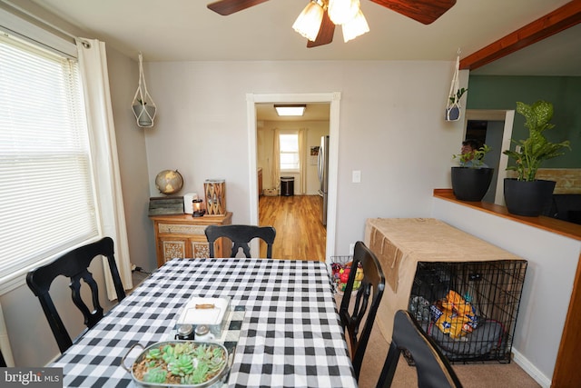 dining area with ceiling fan, a healthy amount of sunlight, and wood-type flooring