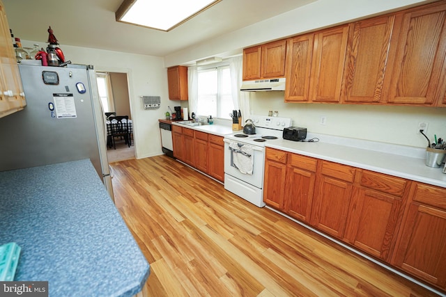 kitchen with light hardwood / wood-style floors, sink, and white appliances